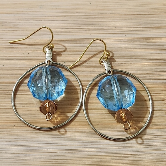 Hand Crafted Jewelry - Hand Crafted Earrings Pierced Crystal Beads Turquoise Amber Goldtone